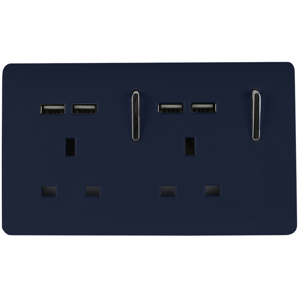 Trendi Switch 2 Gang 13A 4 Port USB Plug Socket - Navy Blue