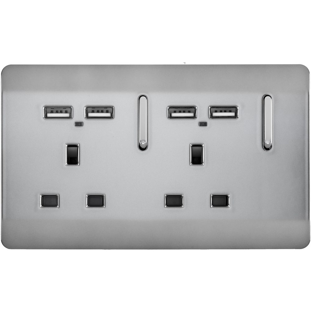 Trendi Switch 2 Gang 13amp 4 Port USB Brushed Steel Plug Socket