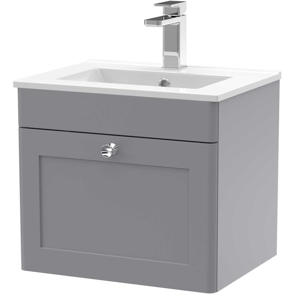 Nuie Grey Classique Single Drawer Satin Wall Hung Unit And Minimalist Ceramic Basin 500Mm