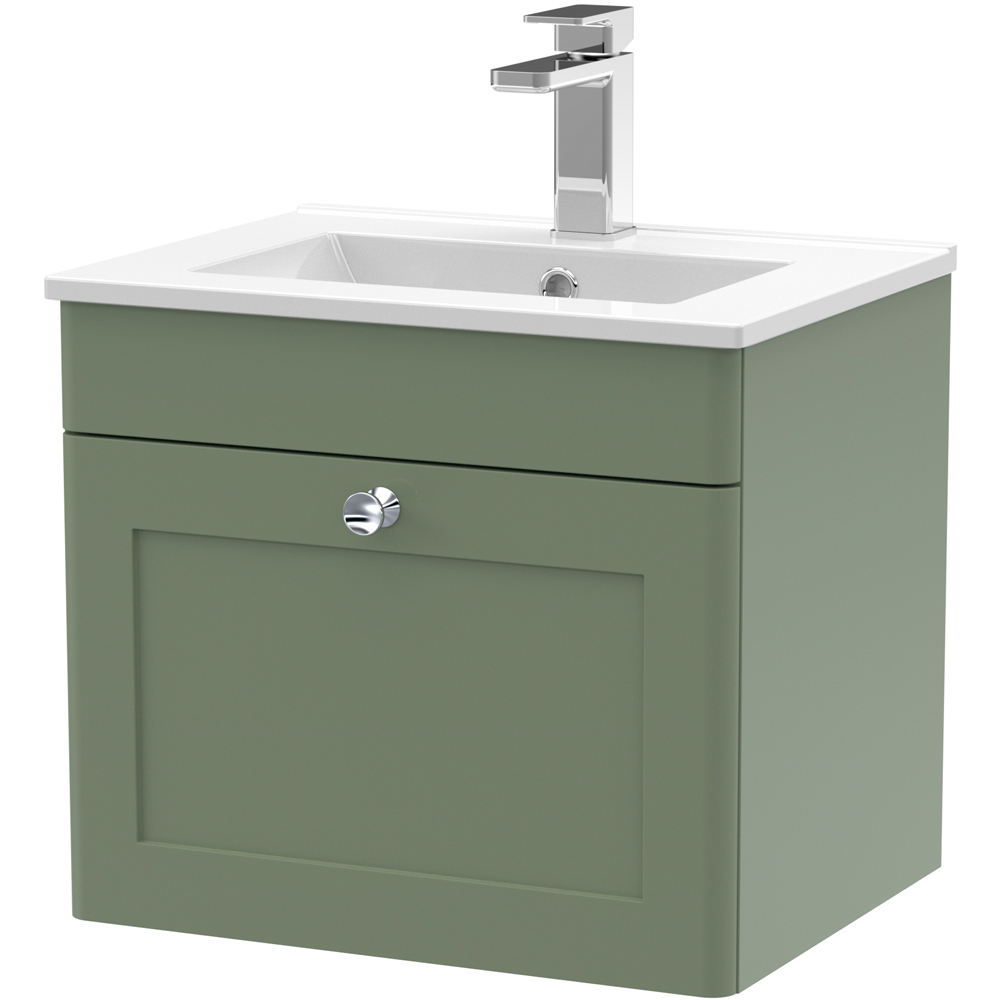 Nuie Green Classique Single Drawer Satin Wall Hung Unit And Minimalist Ceramic Basin 500Mm