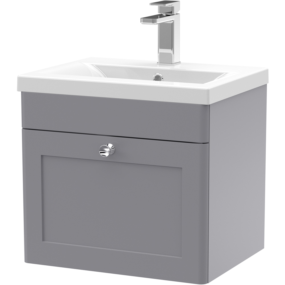 Nuie Grey Classique Single Drawer Satin Wall Hung Unit And Mid-Edge Ceramic Basin 500Mm