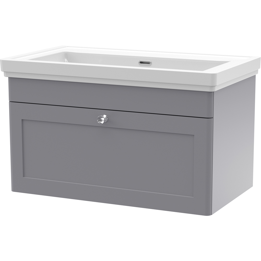 Nuie Grey Classique Single Drawer Satin Wall Hung Unit And 0 Tap Hole Fireclay Basin 800Mm