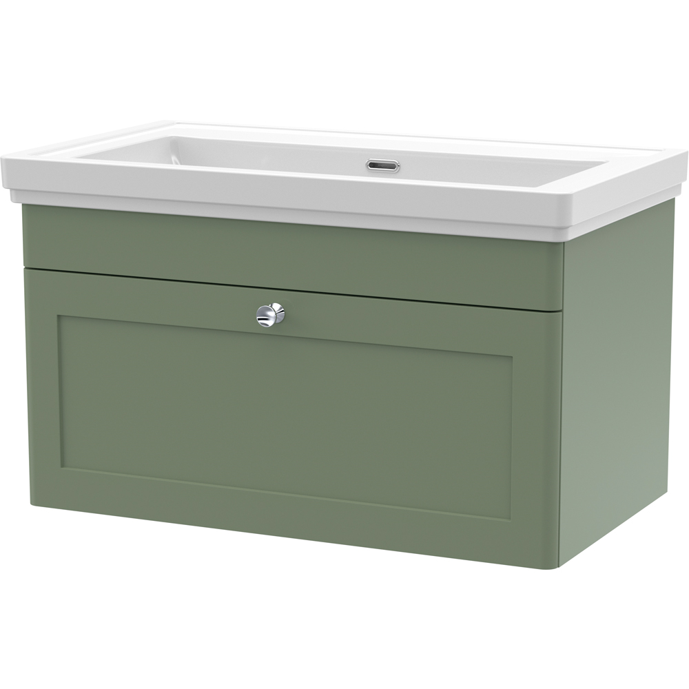 Nuie Green Classique Single Drawer Satin Wall Hung Unit And 0 Tap Hole Fireclay Basin 800Mm