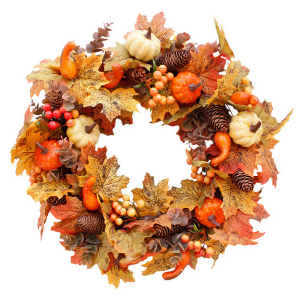 Living and Home Wreath with Maple Leaves Pumpkins Berries and Pinecones 50cm