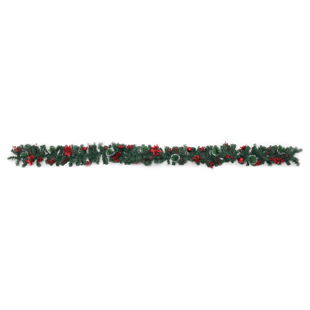 Living and Home Christmas Garland with Red Baubles Berries and Pinecones 270cm