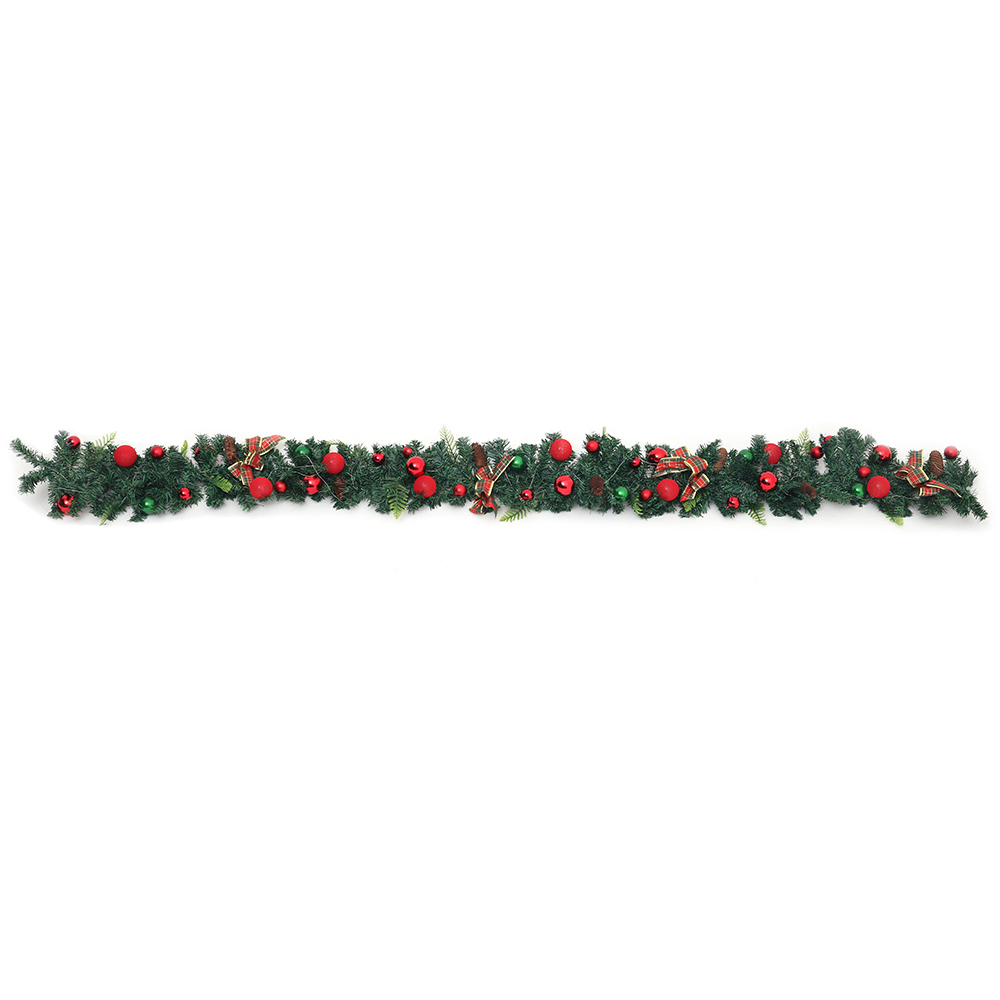 Living and Home Christmas Garland with Red Baubles Bow and Pinecones 270cm