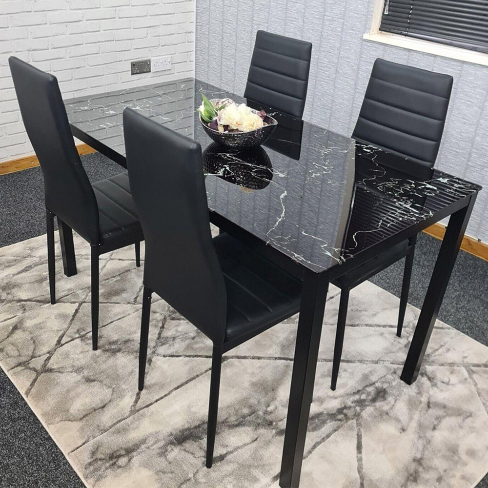 Kosy Koala 4 Seater Glass and Faux Leather Dining Set Black Marble Effect and Black