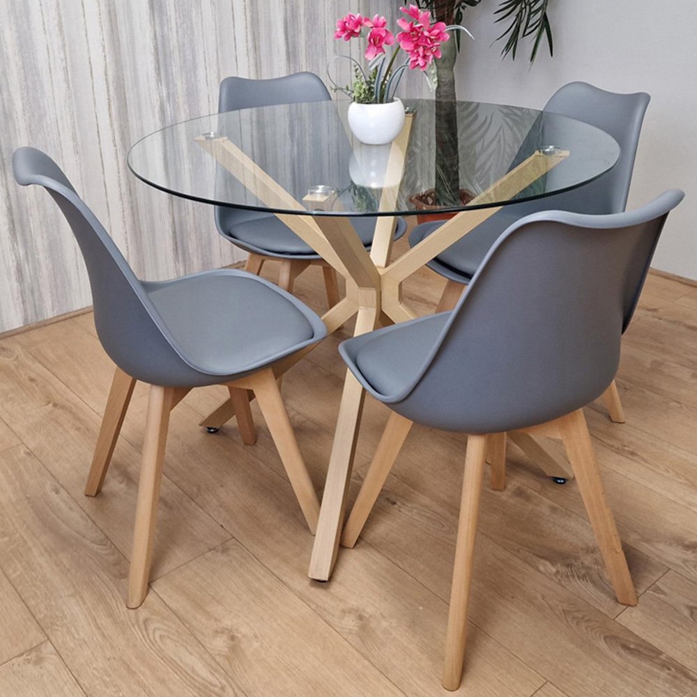 Kosy Koala 4 Seater Glass and Plastic Round Dining Table Set Oak Effect and Grey