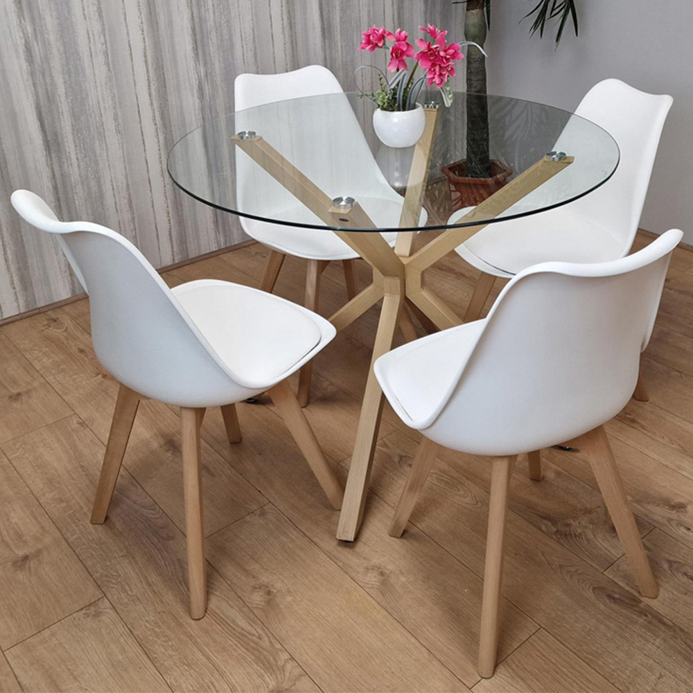 Kosy Koala 4 Seater Glass and Plastic Round Dining Table Set Oak Effect and White