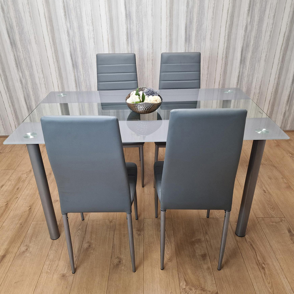 Kosy Koala 4 Seater Glass and Faux Leather Striped Design Dining Set Grey