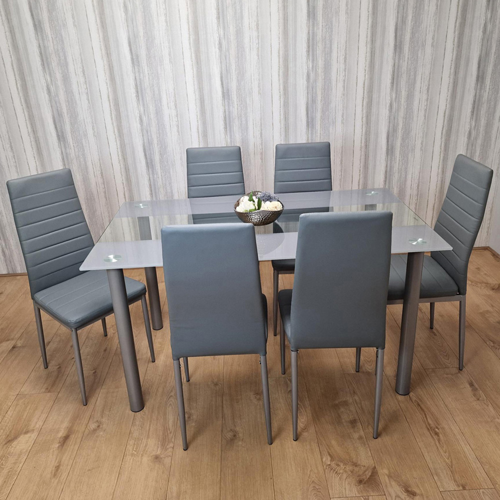 Kosy Koala 6 Seater Glass and Faux Leather Striped Design Dining Set Grey