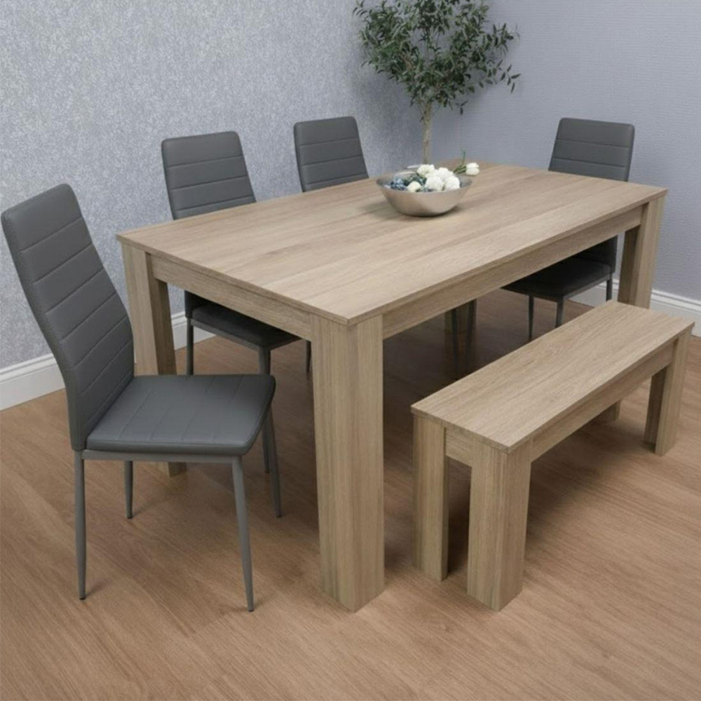 Kosy Koala 6 Seater Faux Leather Dining Bench Set Oak Effect and Grey