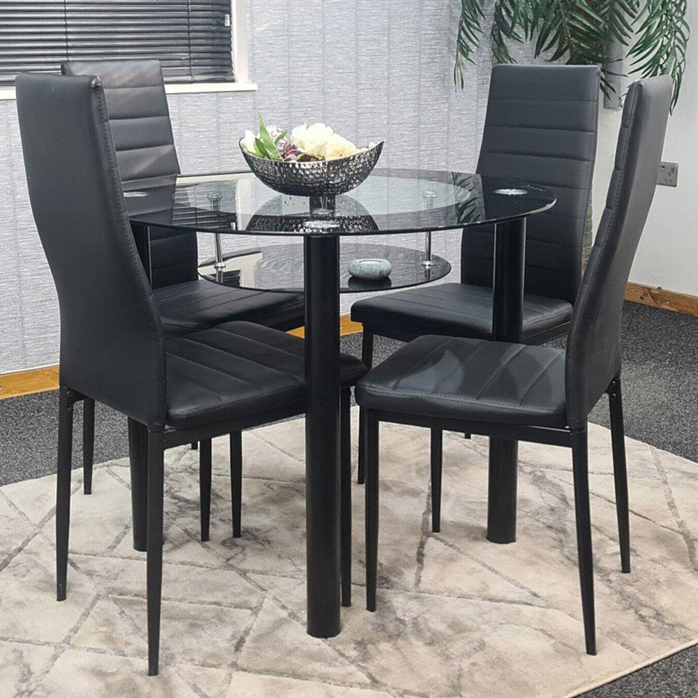 Kosy Koala 4 Seater Glass and Faux Leather Round Dining Set Black