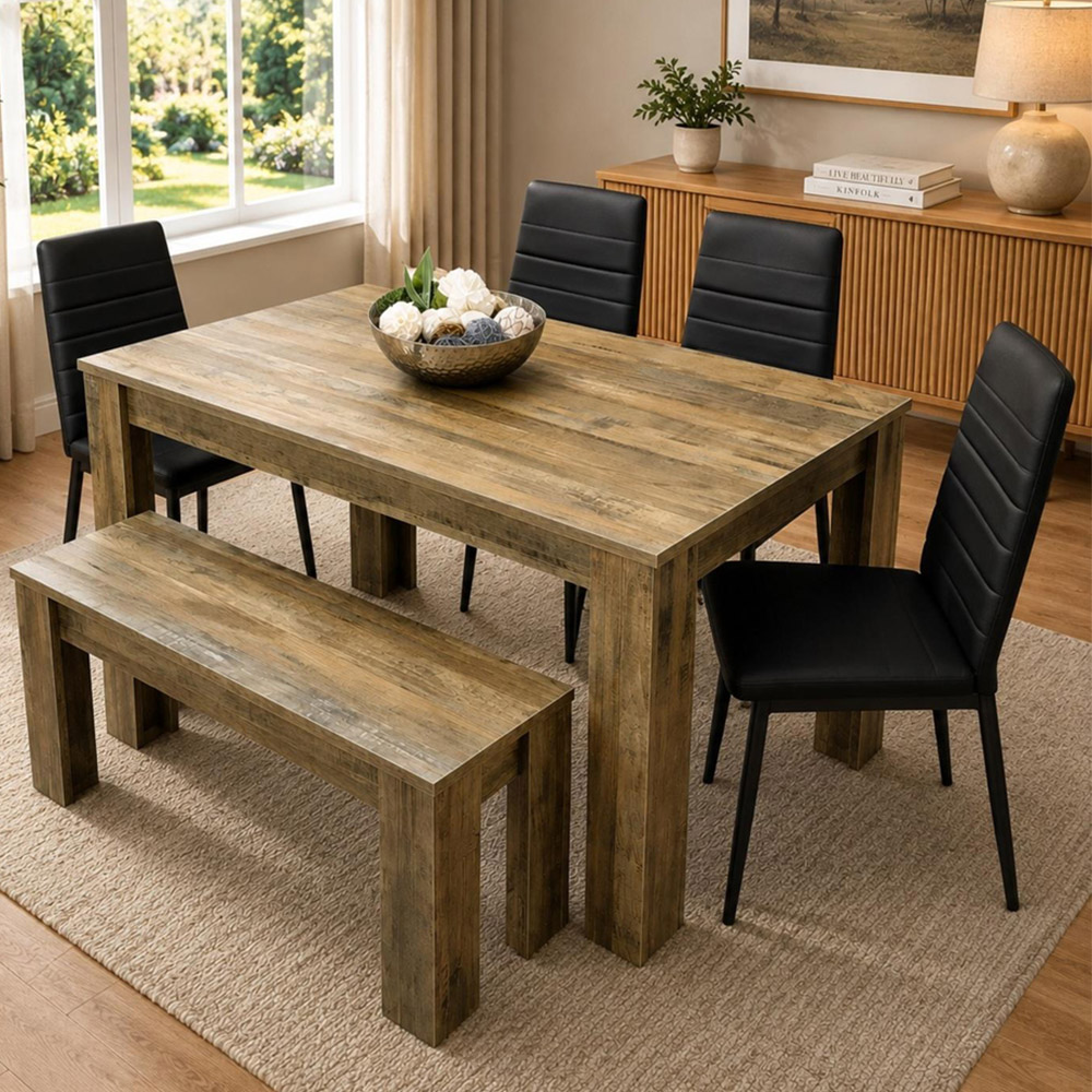 Kosy Koala 6 Seater Wood and Faux Leather Dining Bench Set Rustic Effect and Black
