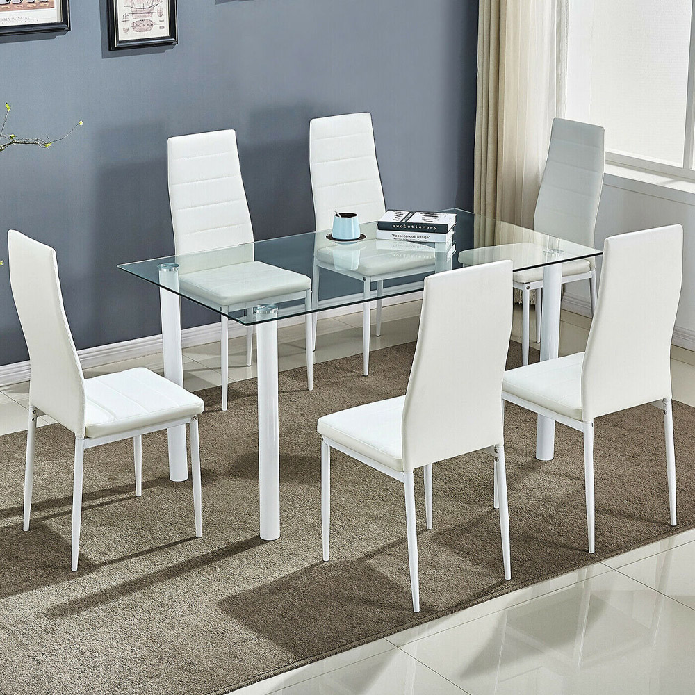 Kosy Koala 6 Seater Glass and Faux Leather Dining Set White