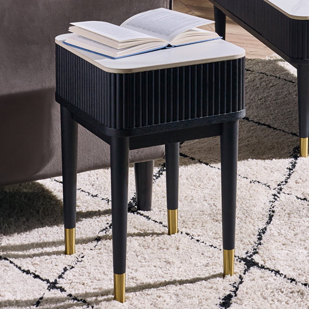 Julian Bowen Louis Black Fluted Stone Top Lamp Table - Single Drawer - Modern Elegance