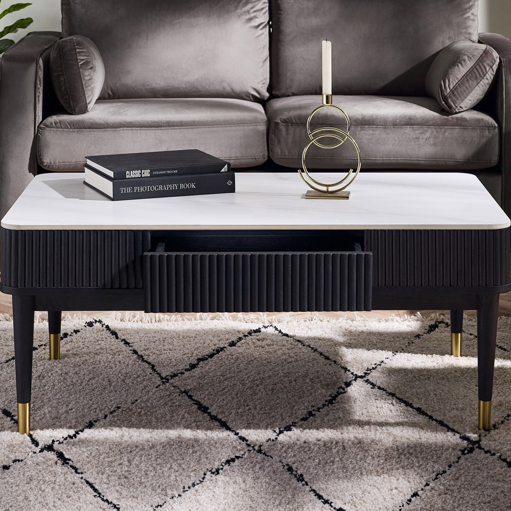 Julian Bowen Louis Coffee Table - 2 Drawer - Black Fluted - Stone Top