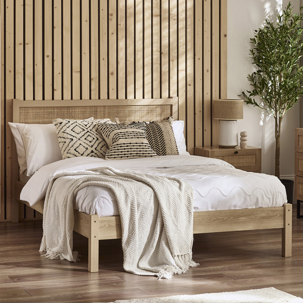Julian Bowen Padstow King Size Oak Bed Frame - Rattan Headboard - Brown