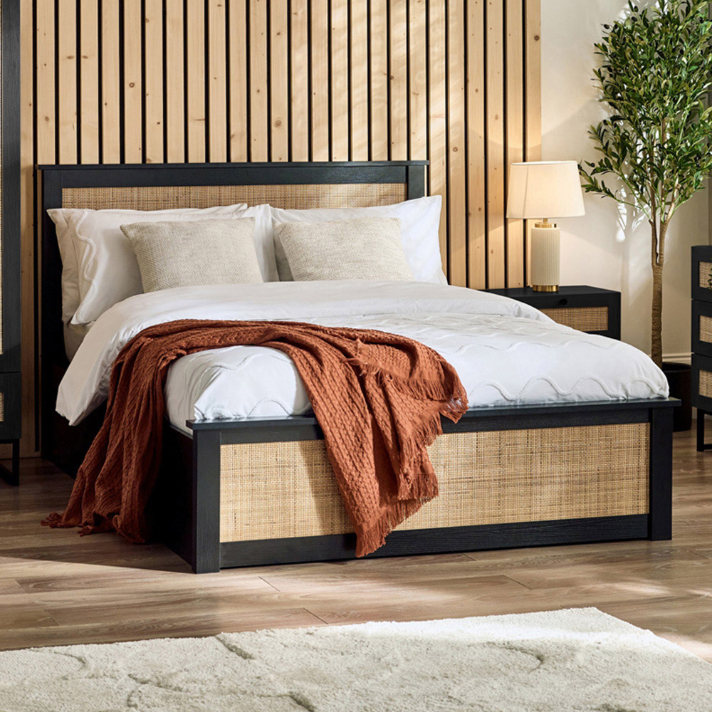 Julian Bowen Padstow Ottoman King Size Black Bed Frame - Black - Ottoman Storage - Rattan Headboard