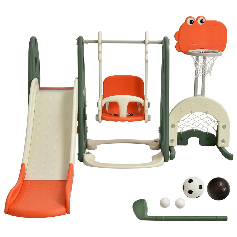 Costway Kids Orange 6 in 1 Slide and Swing Set with Adjustable Basketball Hoop