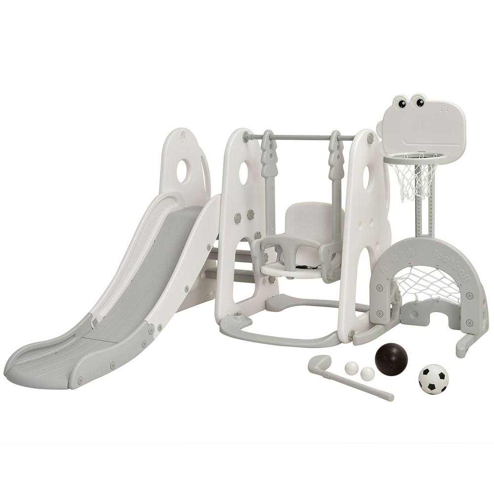 Costway Grey 6 in 1 Toddler Slide and Swing Set with Basketball Hoop