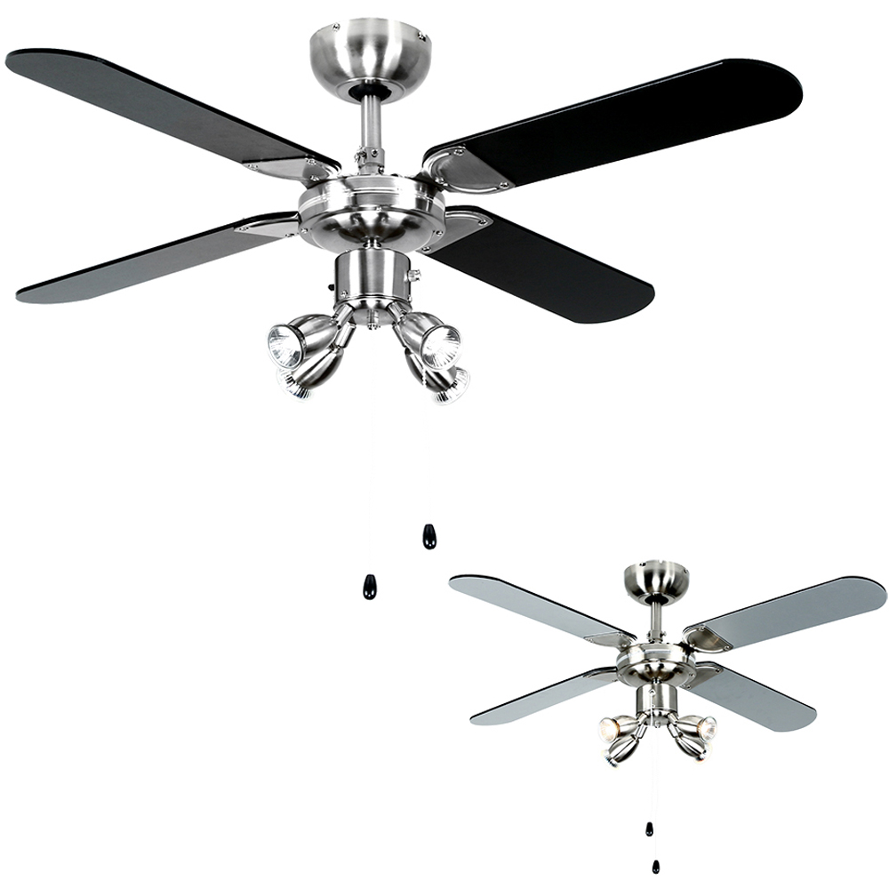 ValueLights Scimitar Brushed Chrome and Black Reversible Ceiling Fan with Spotlight 42 inch