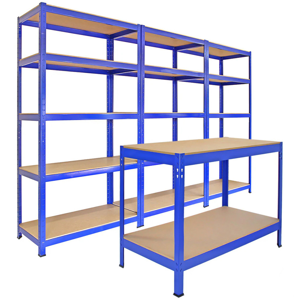 Monster Shop T-Rax Blue Shelving Rack with Q-Rax Workbench Set of 4