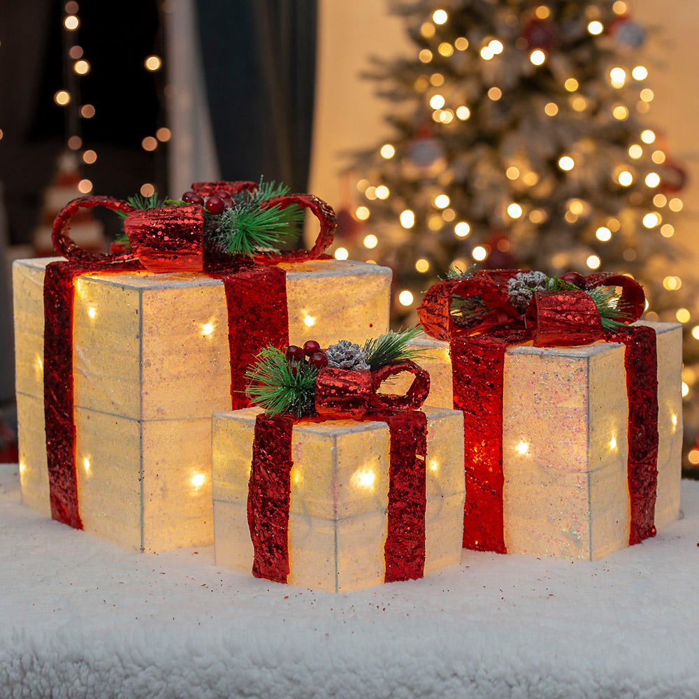 The Christmas Workshop Set Of 3 LED White Light Up Gift Box with Red Bow