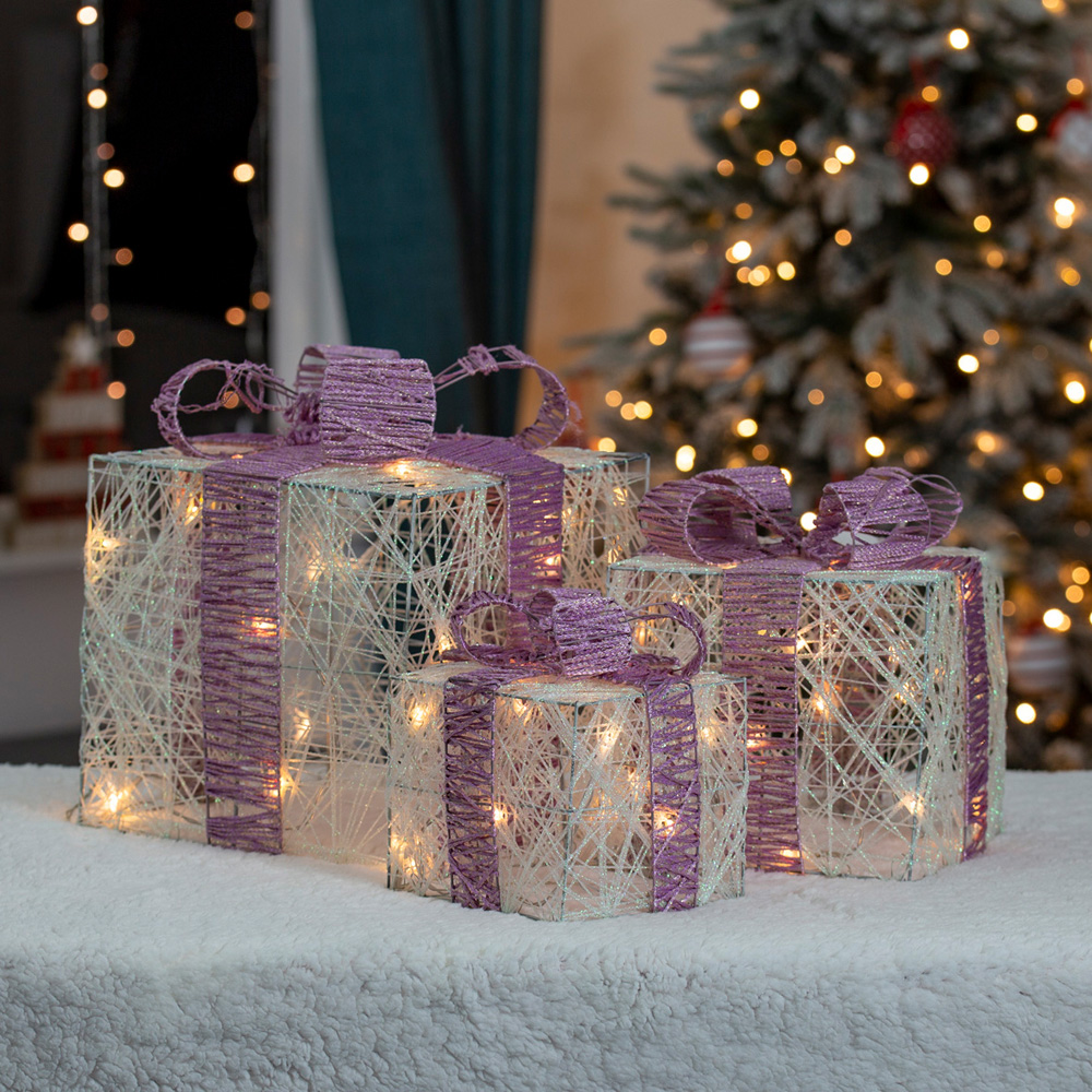 The Christmas Workshop Set Of 3 LED White Light Up Gift Box with Pink Bow