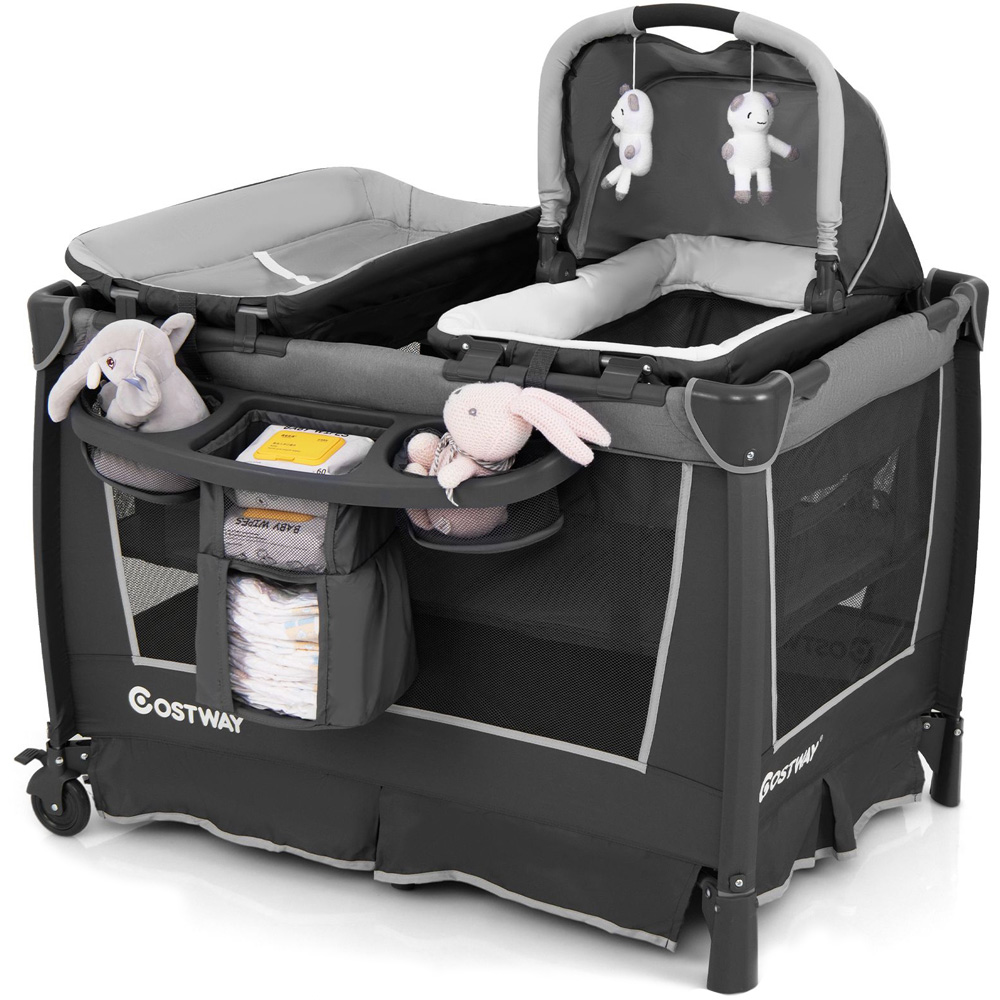 Costway Grey 5 in 1 Foldable Baby Playard with Removable Bassinet