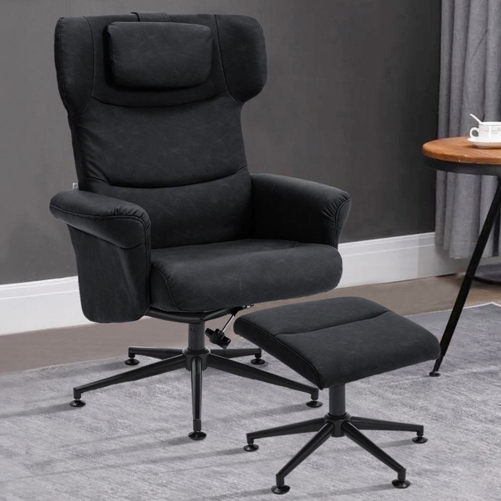 Living and Home Black Faux Leather Swivel Armchair with Footstool
