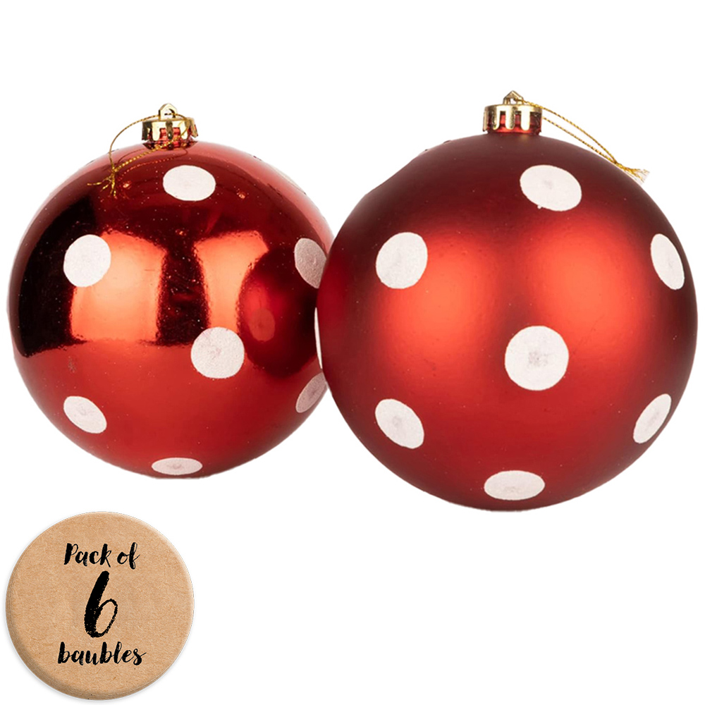 Shatchi 6cm Red and White Polka Dot Shatterproof Christmas Bauble 6 Pack