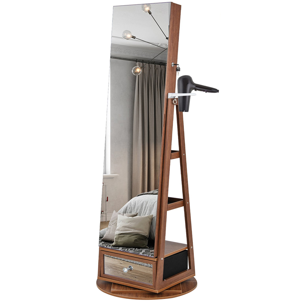 Costway Walnut Swivel Mirrored Lockable Jewelry Cabinet Brown Size 149.5