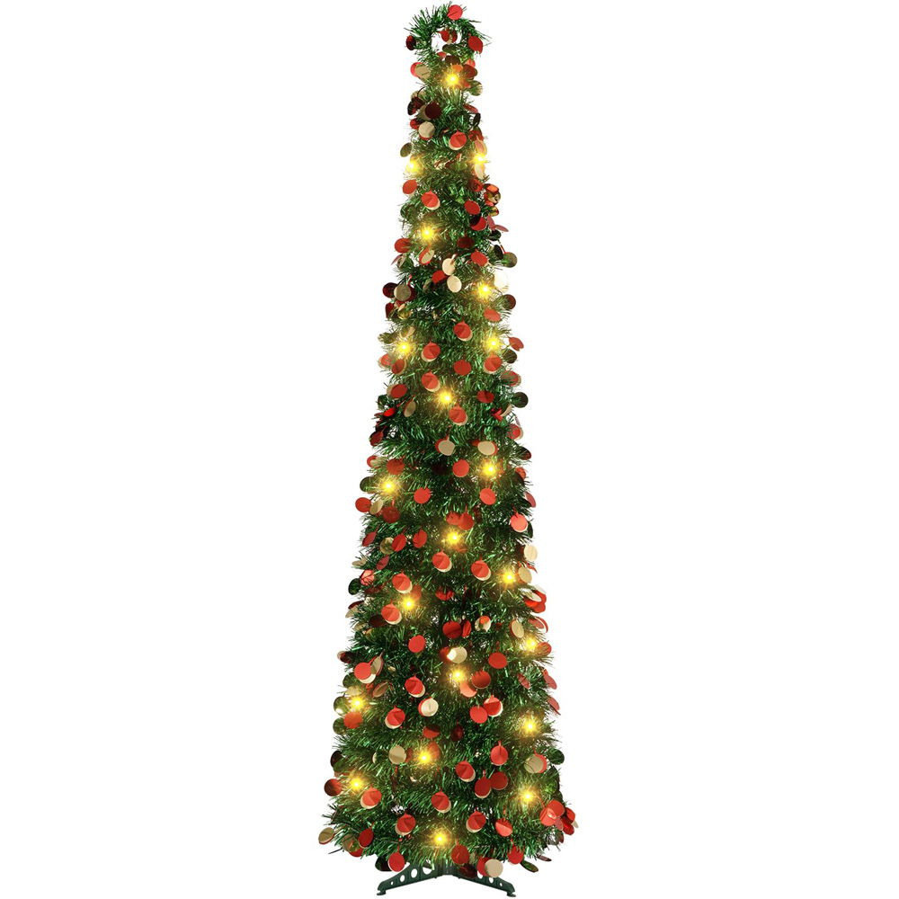 AMOS Warm White LED Red and Gold Circular Pieces Artificial Green Tree 5ft