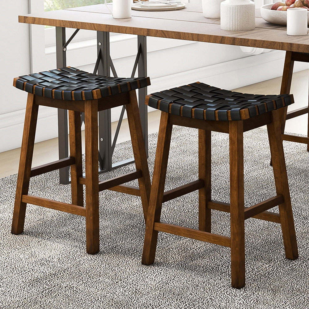 Costway Black Faux Leather Counter Height Saddle Bar Stool Set of 2