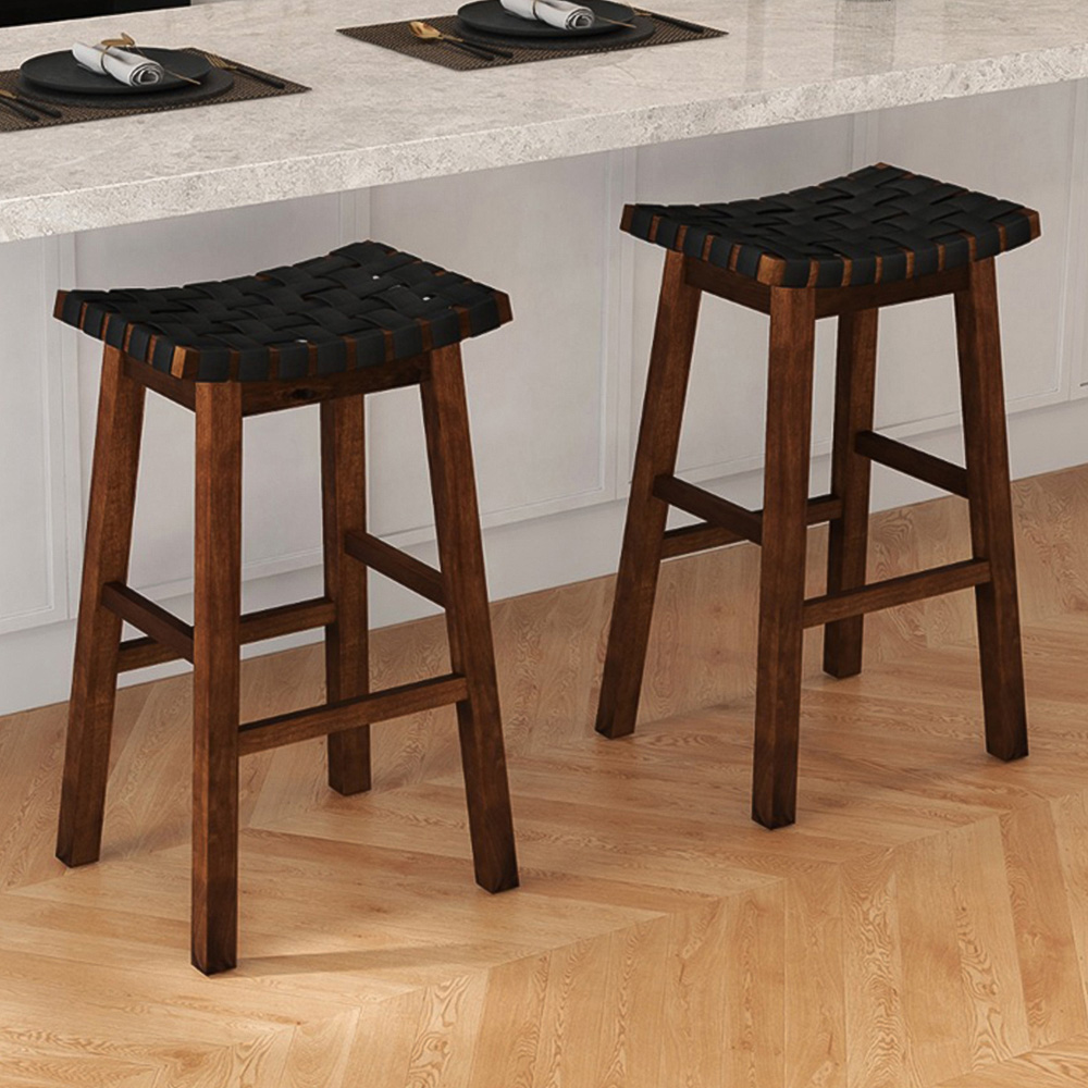 Costway Black Faux Leather Woven Saddle Bar Stool Set of 2