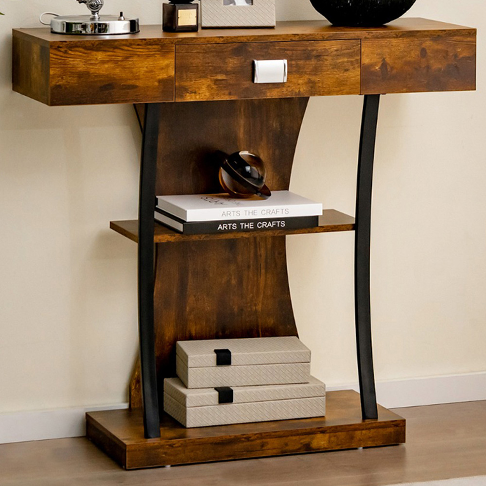 Costway Single Drawer 2 Shelf Brown T Shaped Console Table
