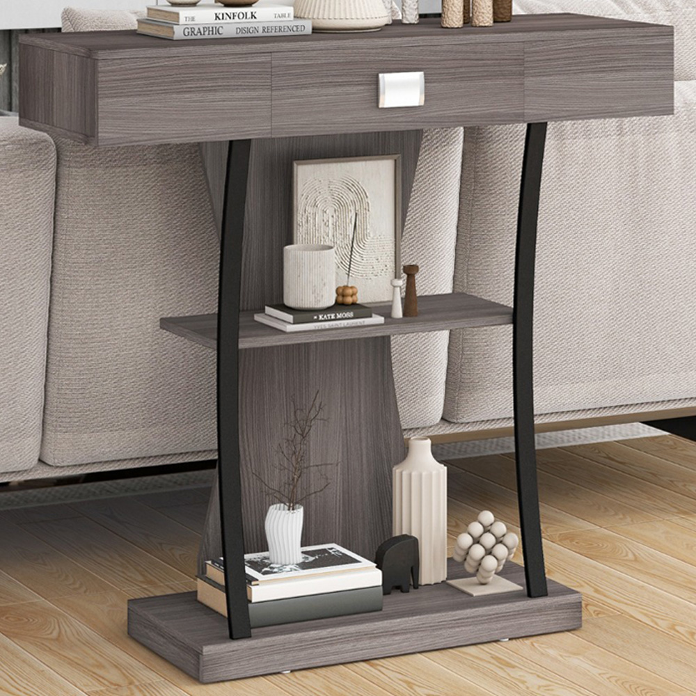 Costway Single Drawer 2 Shelf Grey T Shaped Console Table