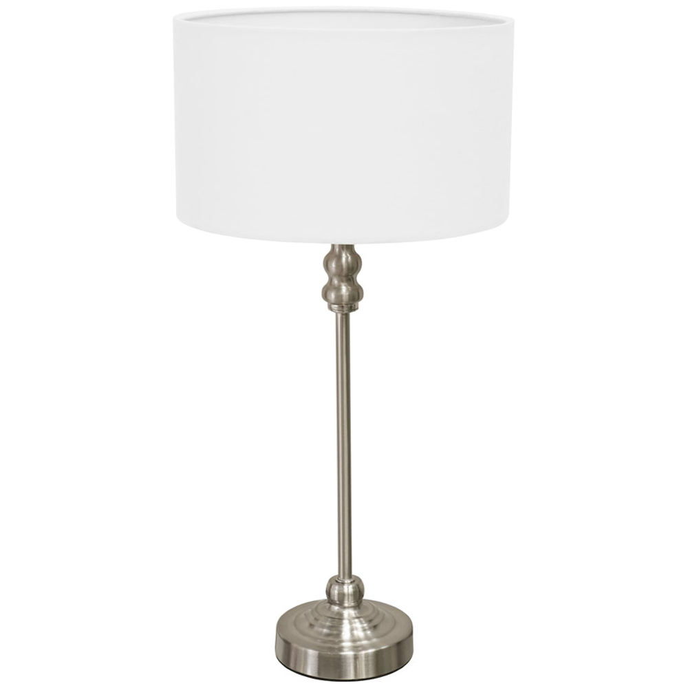 ValueLights Maggie Table Lamp - White & Brushed Chrome Drum Shade - Candlestick LED - Silver