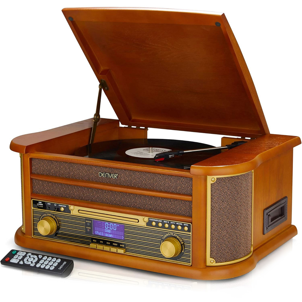 Denver MRD-51BT 9-in-1 Dark Wood Retro Bluetooth DAB Radio Record Player - 3 Speed Vinyl - CD - Cassette - USB