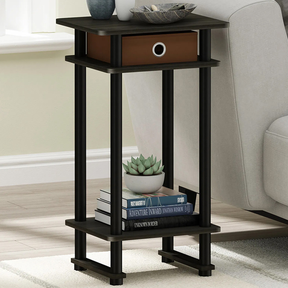 Walplus 2 Shelf Espresso Brown Turn-N-Tube Tall End Table with Bin