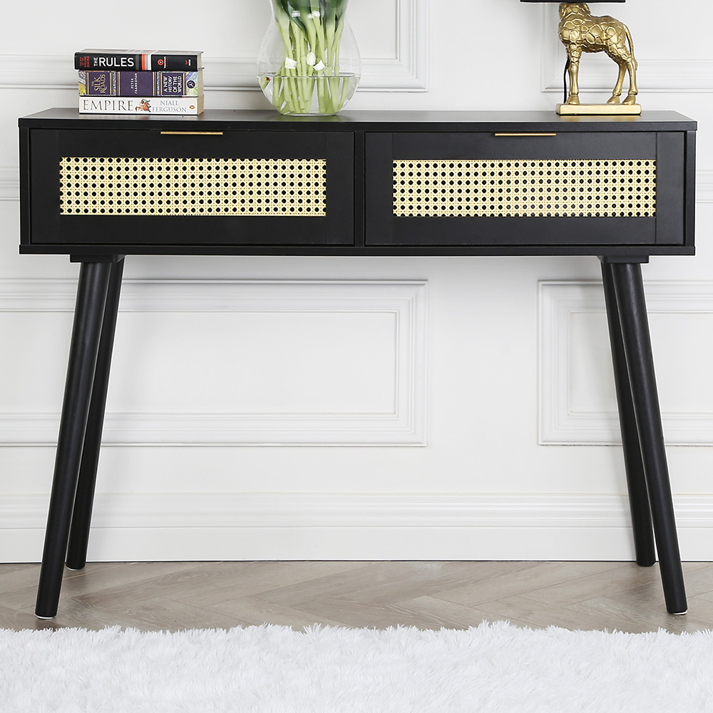 Craven 2 Drawer Black Console Table with Cane Front