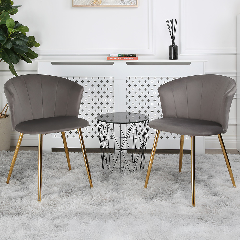 Home Garden Direct Mill Set of 2 Grey Velvet Dining Chairs with Golden Legs