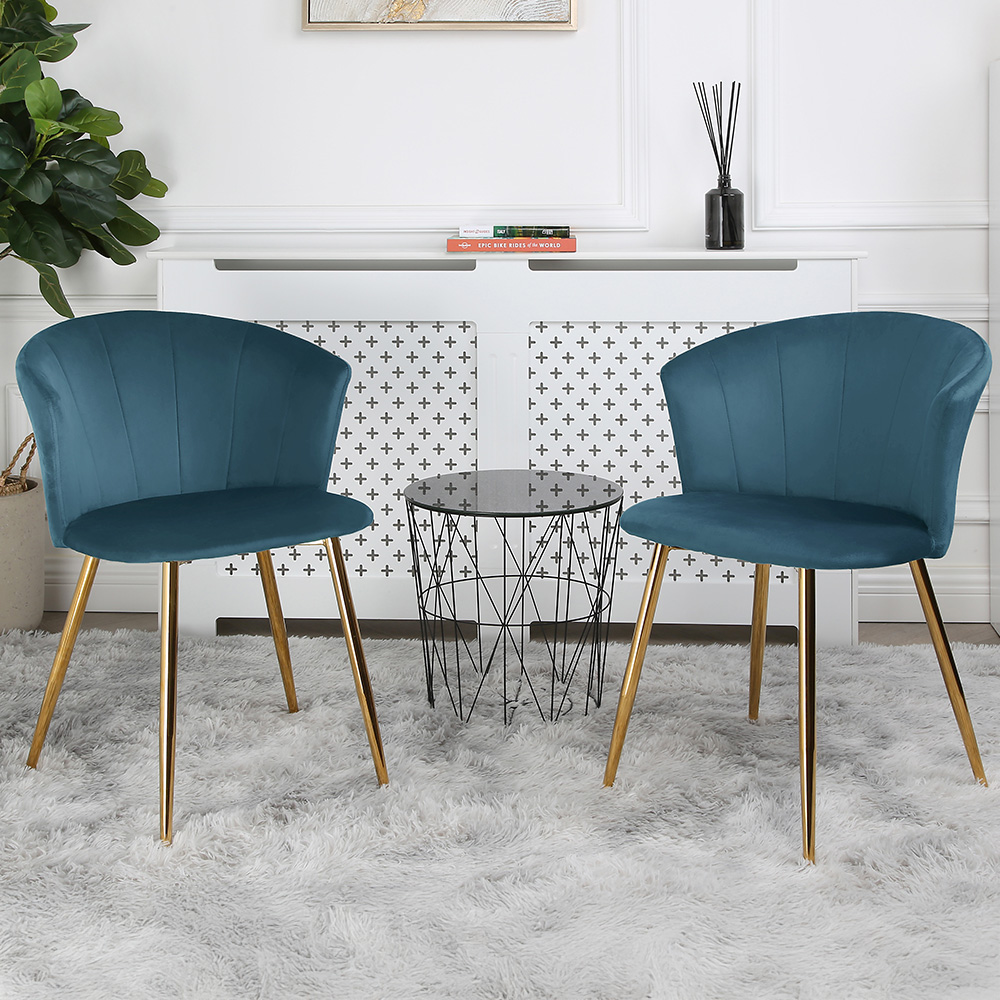 Home Garden Direct Mill Set of 2 Teal Velvet Dining Chairs with Golden Legs