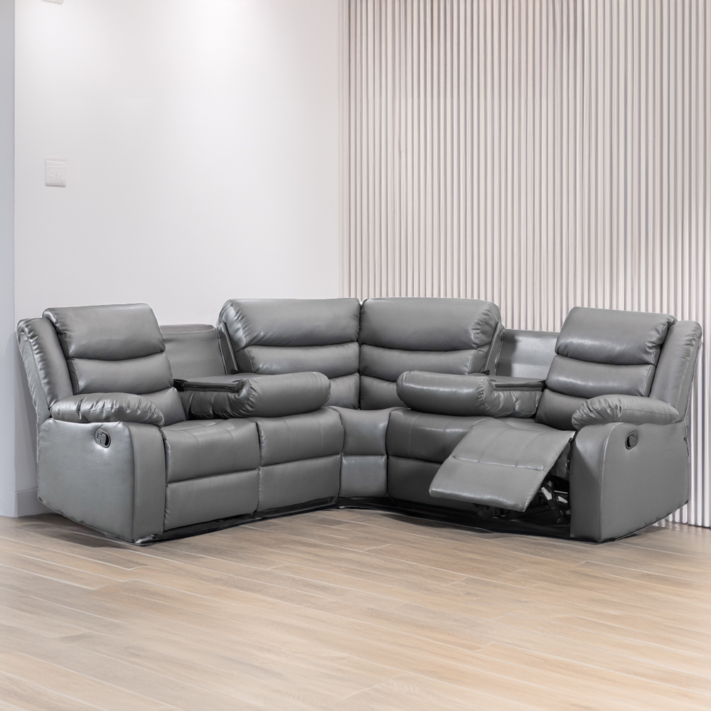 Portland Washington 5 Seater Grey Leather L Shape Recliner Sofa with Drink Tray