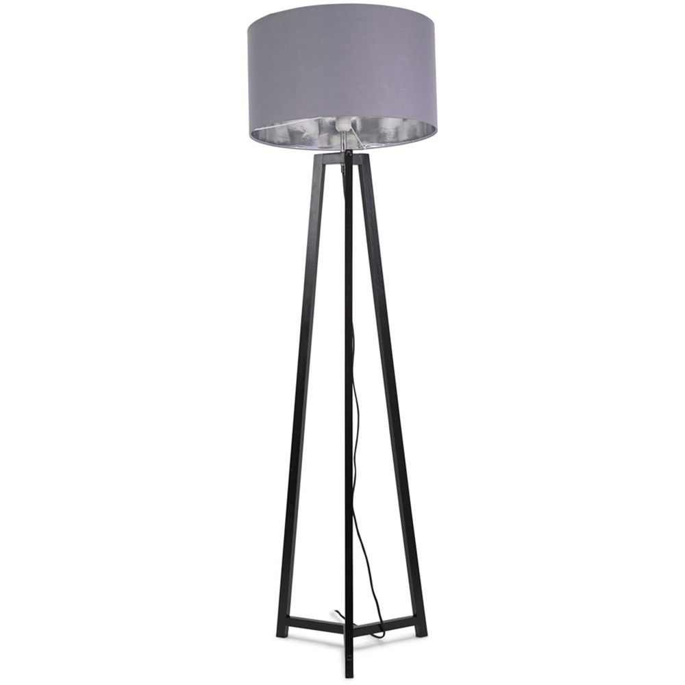 ValueLights Lottie Grey and Chrome Drum Shade Black Wood Tripod LED Floor Lamp