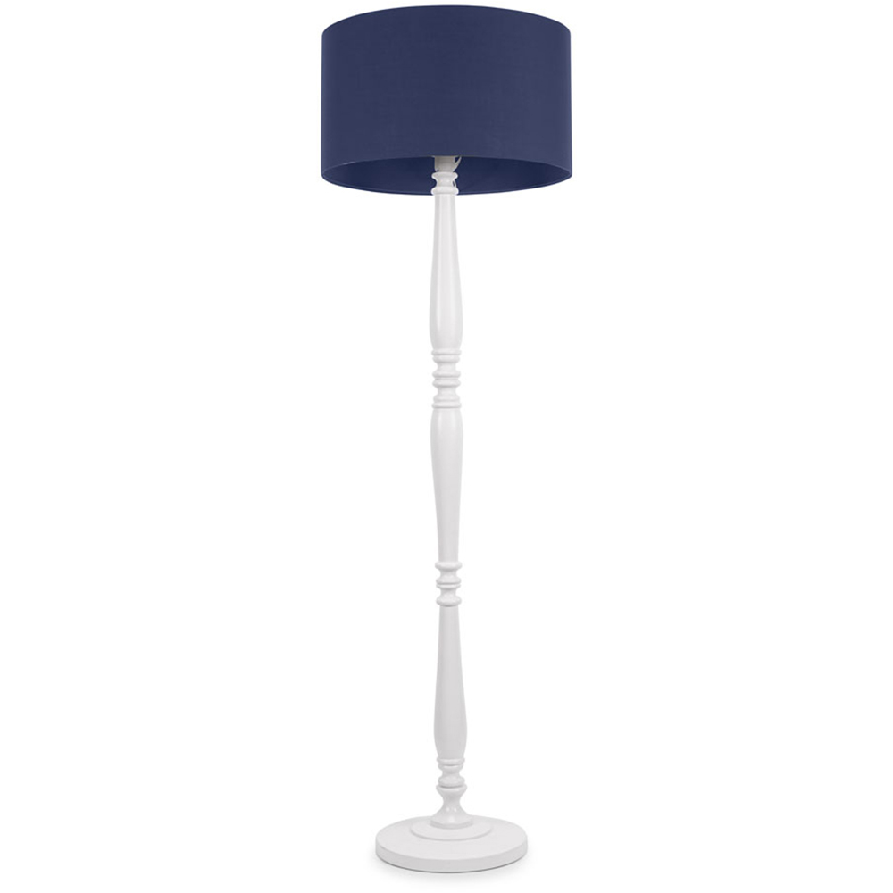 ValueLights Victoria Navy Blue Fabric Drum Shade White Wood Traditional Stem LED Floor Lamp