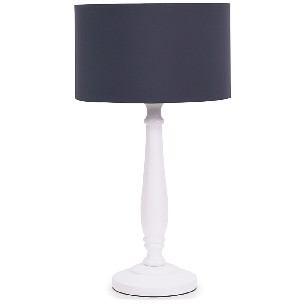 ValueLights Victoria Navy Blue Fabric Drum Shade White Wood Traditional LED Table Lamp