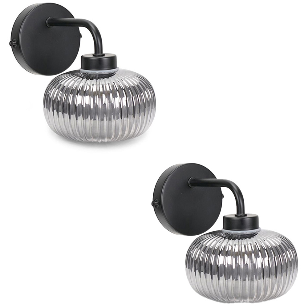 ValueLights Amaia Matt Black Smoked Ribbed Glass LED Wall Light - 2 Pack