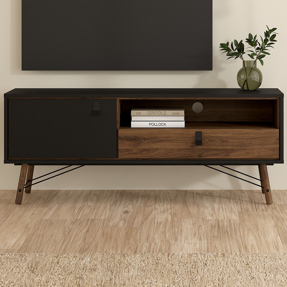 Florence Ry Single Door Single Drawer Single Shelf Matt Black and Walnut TV Unit